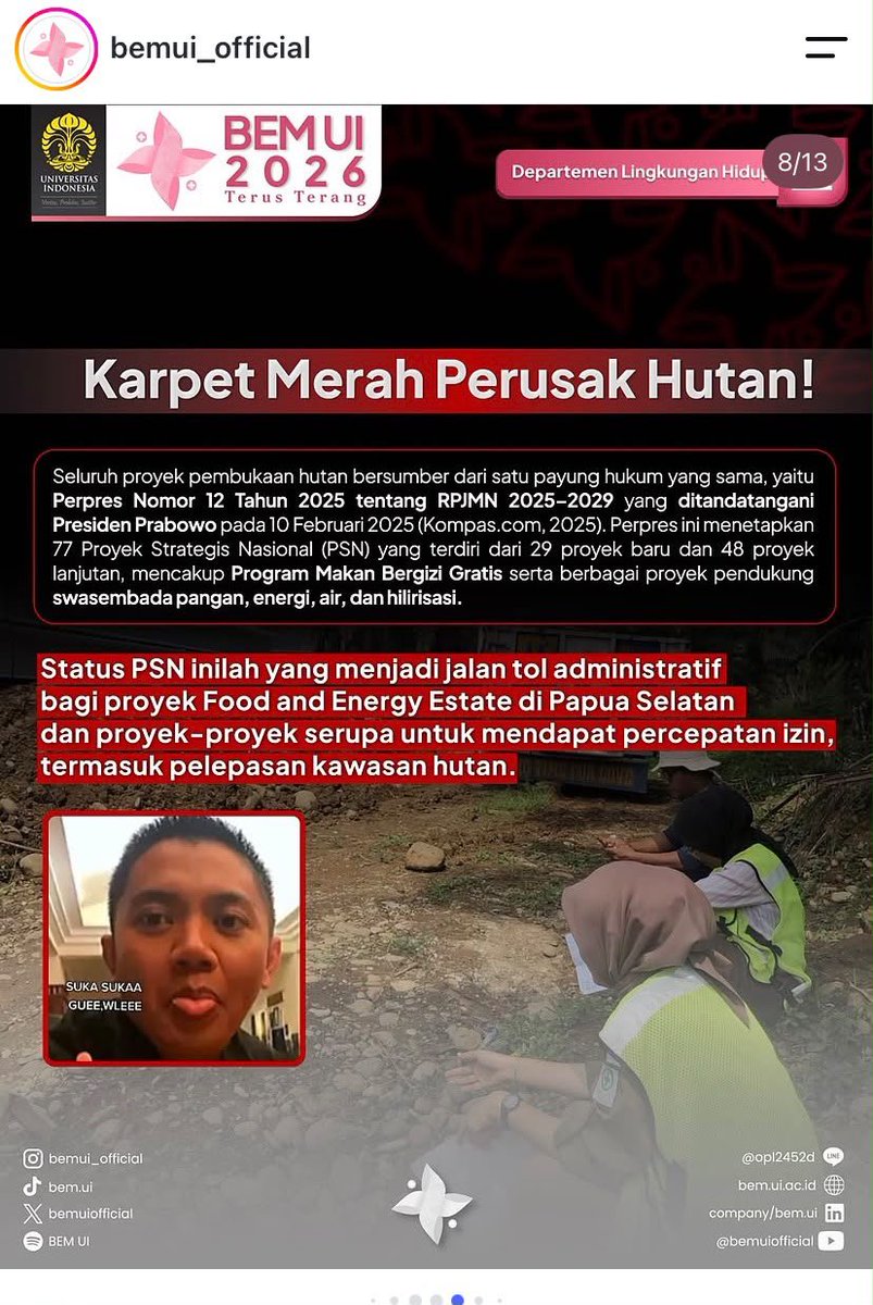 LambeSahamjja's tweet photo. njirr berani banget bem ui bikin postingan isinya:
- pemerintah bikin aturan yang bilang bencana alam dan pemanasan global itu ancaman negara
- tapi duit buat bnpb malah dipangkas dari 2 triliun jadi cuma 491 miliar, parah banget
- duit tambahan baru cair setelah krakatau meletus dan ntt gempa, telat banget kan
- banjir dan longsor di sumatera makan korban 1200 lebih, ratusan ribu orang ngungsi
- penyebabnya hutan udah gundul gara-gara tambang, sawit, dan penebangan liar
- hutan di papua ratusan ribu hektare dibuka buat proyek pangan dan energi
- keputusan buka hutan itu diem-diem, baru ketahuan setelah diminta sama tim advokasi
- warga adat gak dimintain izin, malah ada 162 orang yang dikriminalisasi
- status proyek strategis nasional jadi jalan pintas buat dapet izin buka hutan
- bem ui minta duit bencana dibalikin, stop buka hutan adat, cek izin tambang dan sawit, dan ubah uu biar anggaran bencana ada batas minimalnya