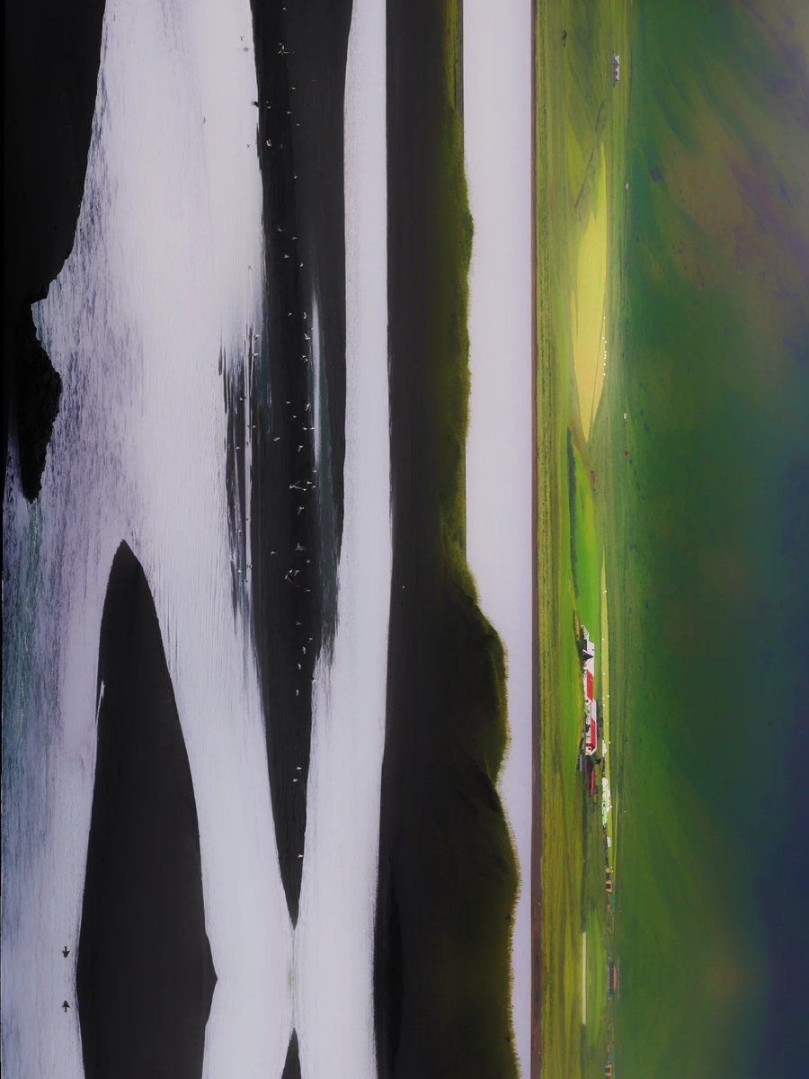 TeixeiraCSilva's tweet photo. The red of the roofs surrounded by the different shades of green of the vegetation. The metallic white of the almost freezing water meandering through the black volcanic sand. The black of the sand dotted with the silhouettes of puffins flying. https://t.co/7blentuj5B