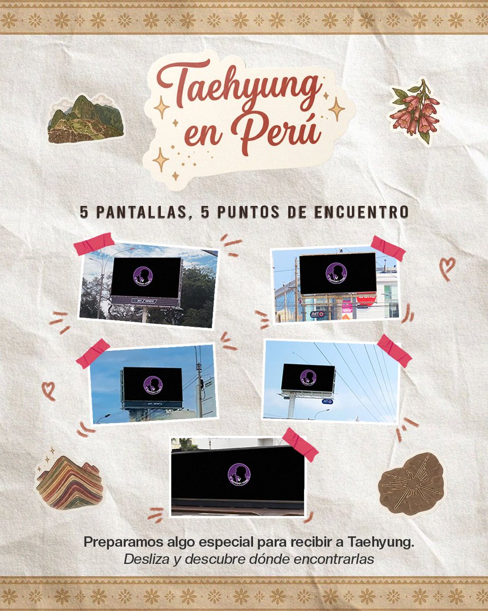 VPeru_support's tweet photo. 🇵🇪💜 5 ESTACIONES PARA V | ESTACIÓN 3: BIENVENIDO A PERÚ
¡Seguimos revelando los detalles de nuestras 5 Estaciones para V! 👀
Esta vez nuestra bienvenida a Taehyung estará presente en distintos puntos de Lima: 5 pantallas, 5 puntos de encuentro, disponibles del 7 al 10 de octubre. 🥹💜
📍 7 OCT. | MIRAFLORES
Av. Paseo de la República, cdra. 40
Ref.: cruce con Av. Sevilla, cerca del Centro Dermatológico Axalud.
📍 8 OCT. | JESÚS MARÍA
Av. 28 de Julio con Av. Felipe Salaverry
Ref.: frente al óvalo Jorge Chávez.
📍 8 OCT. | MIRAFLORES
Av. José Larco, Miraflores.
📍 9 OCT. | SAN MIGUEL
Av. La Marina, cdra. 20
Ref.: frente a Plaza San Miguel.
📍 10 OCT. | SAN MIGUEL
Av. Universitaria, cdra. 11, cruce con Av. La Mar
Ref.: frente a D’Paso Strip Center, Bembos y Bodytech, a 1 cuadra de Plaza San Miguel.
Si encuentran alguna de nuestras pantallas, ¡queremos ver sus fotitos y videos! 📸💜 Etiquétennos para poder compartirlos.
Queremos que Taehyung encuentre un pedacito del cariño de Perú en distintos rincones de Lima. 🇵🇪💜
Y todavía tenemos más detalles de las demás estaciones para contarles… 👀