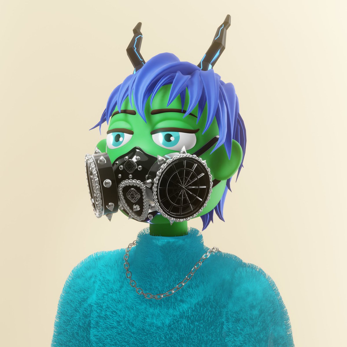 chromedao's tweet photo. Chrome of the day: #40

Spike gas mask under Cyber Horns, rainbow teeth, smirk locked in. Fur jacket blue against sand. Sharp edges, soft desert light.

https://t.co/uJSFy16fiO

#Solana #NFT #ChromeDAO https://t.co/SpYtWW45GG