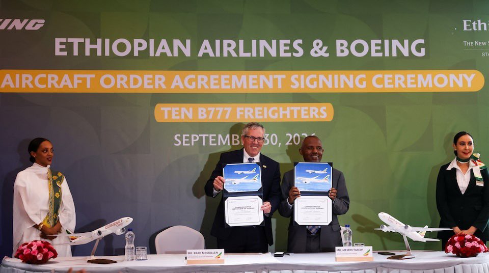 OnlyFewWillFind's tweet photo. Ethiopian Airlines formalizes what was industry speculation just weeks ago: 8 Boeing 777-8Fs, 2 Boeing 777Fs, and options for 8 more. 

A clear vote of confidence in the long-term cargo market.

#Aviation #AirCargo #Boeing #EthiopianAirlines https://t.co/peoSxCp0c0