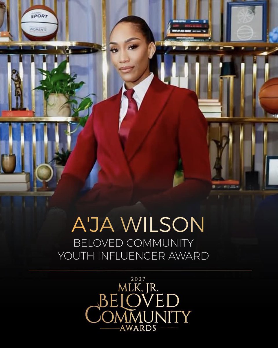 WNBAGamecocks's tweet photo. The King Center announced A’ja Wilson as the 2027 recipient of the Center’s Beloved Community Youth Influencer Award!

The 2027 MLK, Jr. Beloved Community Awards will be in Atlanta on Saturday, January 16, 2027. More information on how you can attend and watch will come soon. https://t.co/bLI7WaEKLK