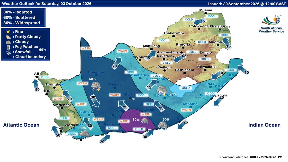 SAWeatherServic's tweet photo. Extended weather forecast for Friday and Saturday, 02-03 October 2026:
Partly cloudy and cool to warm but cold in places, with isolated showers and thundershowers becoming scattered to widespread over the central and southern parts on Saturday.
#saws #Warning #weatheroutlook https://t.co/W4Fg8E4nSG