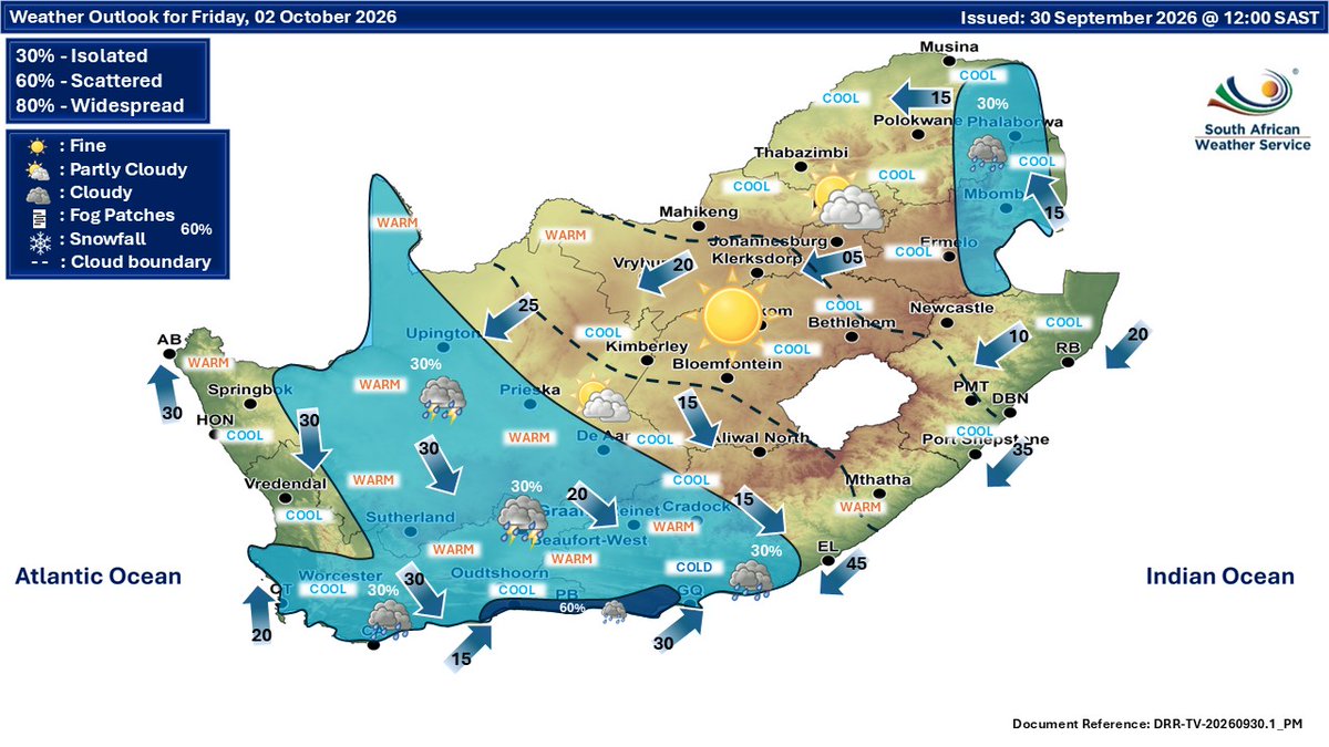 SAWeatherServic's tweet photo. Extended weather forecast for Friday and Saturday, 02-03 October 2026:
Partly cloudy and cool to warm but cold in places, with isolated showers and thundershowers becoming scattered to widespread over the central and southern parts on Saturday.
#saws #Warning #weatheroutlook https://t.co/W4Fg8E4nSG