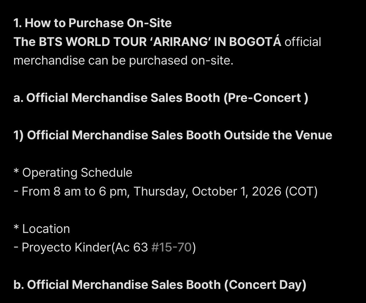 BTSNewsBrasil's tweet photo. Show em Bogotá⭐️

Também haverá venda de merchs fora do estádio um dia antes do show(01/10)

A venda de merchs acontece dentro e fora do estádio mas no dia 01/10 apenas FORA. 

Ainda não foi divulgado como será aqui. https://t.co/vMiIKZBlO5