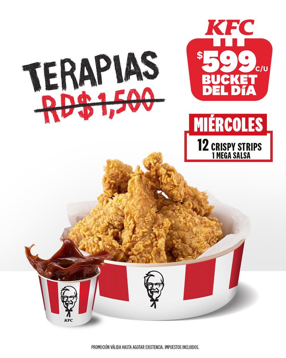 KFCRepDom's tweet photo. Hay problemas que no se resuelven hablando… se resuelven con 12 Crispy Strips y una Mega Salsa. 😂🍗 RD$599. #KFC #KFCRepDom https://t.co/xUSDLlpbQe