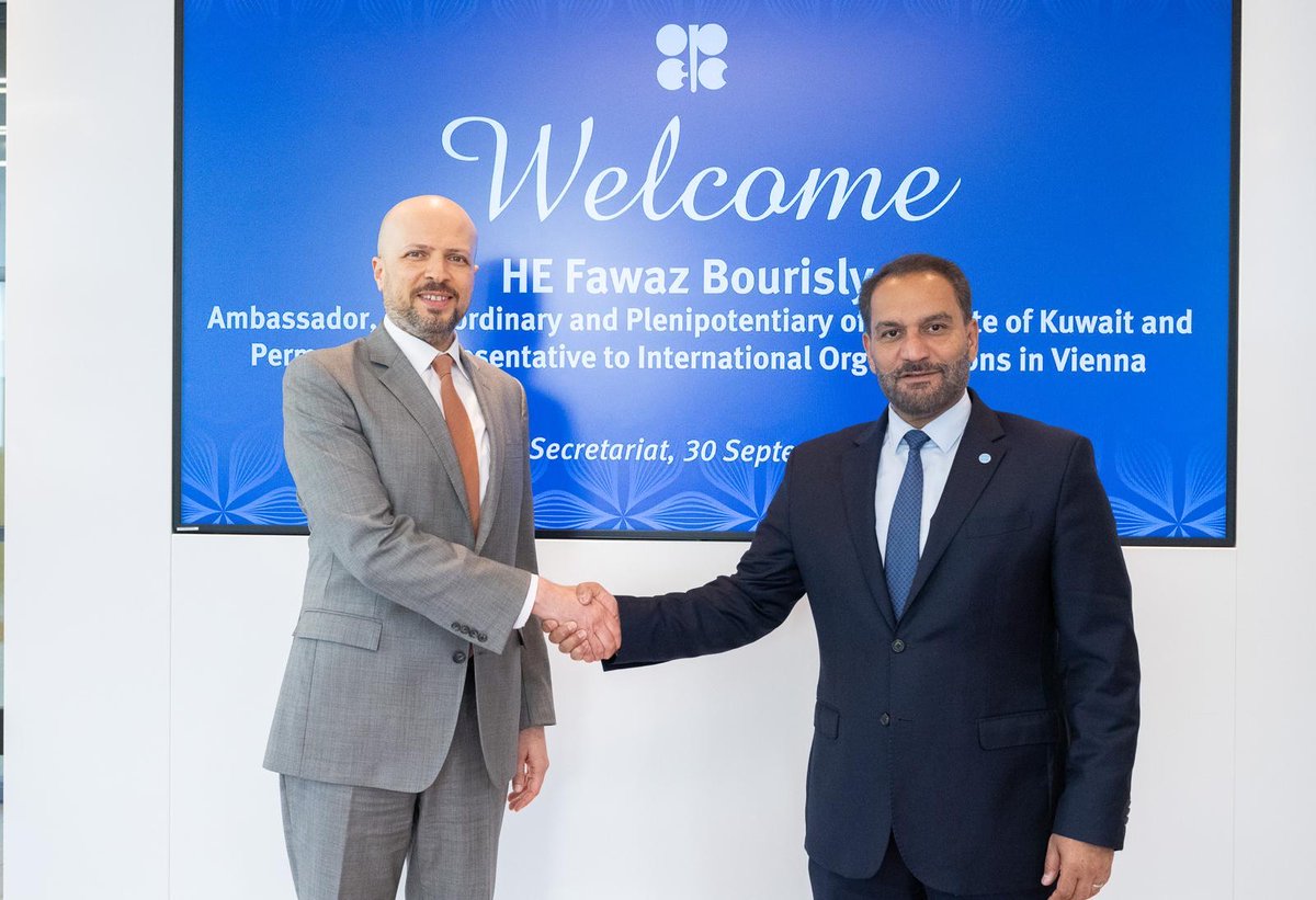 OPECSecretariat's tweet photo. OPEC Secretary General, HE Haitham Al Ghais, welcomed HE Fawaz Bourisly, Ambassador Extraordinary and Plenipotentiary of the State of Kuwait and Permanent Representative to International Organizations in Vienna, to the OPEC Secretariat today.
 
During the visit, HE Al Ghais praised the country’s historic role as one of OPEC’s five Founding Members in 1960. He commended Kuwait’s enduring commitment to the landmark Declaration of Cooperation (DoC), which marks its tenth anniversary this year, and its participation in the Charter of Cooperation.
 
Both sides reaffirmed the importance of dialogue, cooperation and unity among OPEC Member Countries and the non-OPEC countries participating in the DoC in their shared efforts to support global oil market stability.