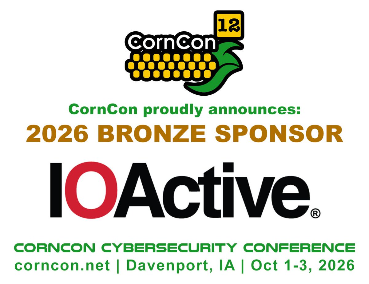 IOActive's tweet photo. IOActive is proud to sponsor @cornconcyber Conference 2026, kicking off tomorrow, October 1! Don't miss Megan Holliday on October 2 for a practical introduction to penetration testing AWS environments. https://t.co/hO5Uk7XvEN https://t.co/fWMwVYtEm8