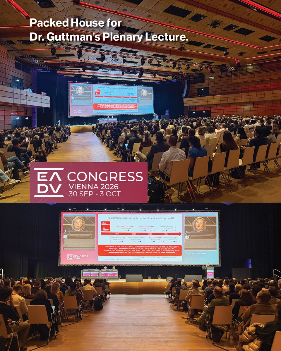 MSHSDerm's tweet photo. It was a packed house for Dr. @EmmaGuttman 's Plenary Lecture @eadv_ European Academy of Dermatology and Venereology #EADVCongress 2026 — “Biomarkers that will change our clinical practice” @icahnmountsinai 
 #TogetherForBetter #Vienna 🔬#dermatology #research #atopicdermatiti https://t.co/goAx4WsGYM