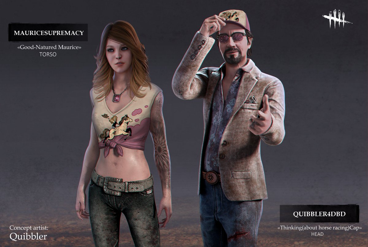by_quibbler's tweet photo. 🏇 Do you hear the clatter of hooves?

❗️Use the code MAURICESUPREMACY to redeem «Good-Natured Maurice» t-shirt for Kate Denson 
❗️And QUIBBLER4DBD to redeem «Thinking (about horse racing) Cap» head for Ace Visconti 

#DeadbyDaylight https://t.co/e8QpHnCAoC