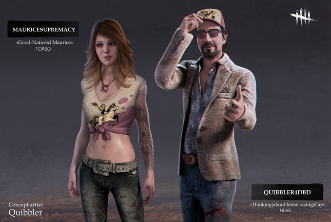 This is promotional artwork for Dead by Daylight featuring two character skins: "Good-Natured Maurice" torso for Kate Denson (using code MAURICESUPREMACY) and "Thinking (about horse racing) Cap" head for Ace Visconti (using code QUIBBLER4DBD), created by concept artist Quibbler.