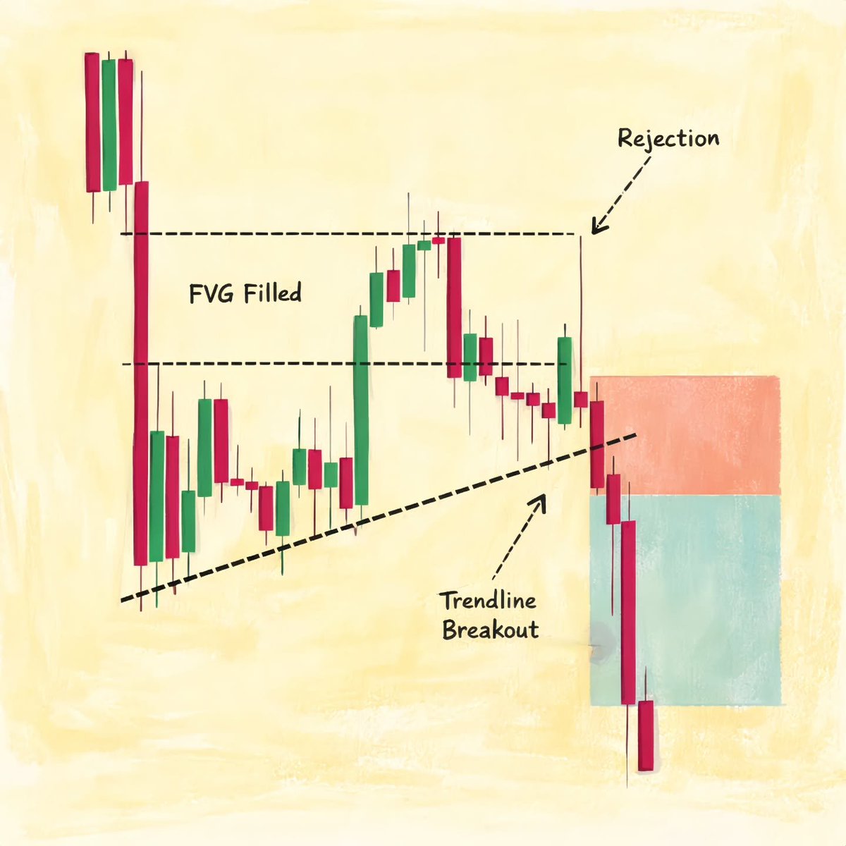 tradewkings's tweet photo. So tell me you see it too? Price pushed up to fill that FVG and got heavily rejected right at that dashed high. It chopped back down to the trendline, tried to bounce but broke the trendline instead. That's your short trigger, and sellers dominated after that. https://t.co/ytiqUFA6Sm