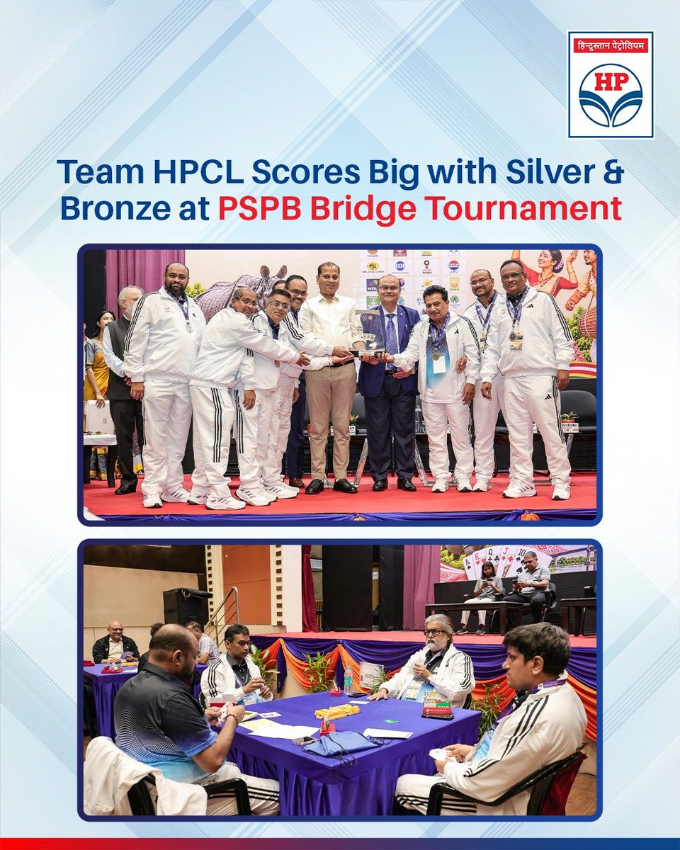 HPCL's tweet photo. Strategy, teamwork and a winning spirit! 🏆

HPCL’s Bridge Team secured Silver in the Team Championship and Bronze in Board Games at the 46th All India Inter Unit PSPB Bridge Tournament, held in Guwahati from 24–27 September 2026.

Congratulations to Shri Ashok Padmanabha Shettigar, Shri Michael Pascal Mendonsa, Shri Arjun Singh Munda, Shri Kiritkumar Narotam Prajapati, Shri Mohan Lal Mourya and Shri Rashim Chawla for their commendable performance.

Their achievement reflects the power of strategic thinking, composure and teamwork. Two medals, one proud team!

Here’s to playing together and making HPCL proud. 👏💙

@HardeepSPuri @PetroleumMin @TheSureshGopi @Secretary_MoPNG @neerajmittalias

#HPCL #TeamHPCL #HPCLSports #PSPB #BridgeTournament #SportsAtHPCL #Teamwork #WinningTogether #HPCLPride