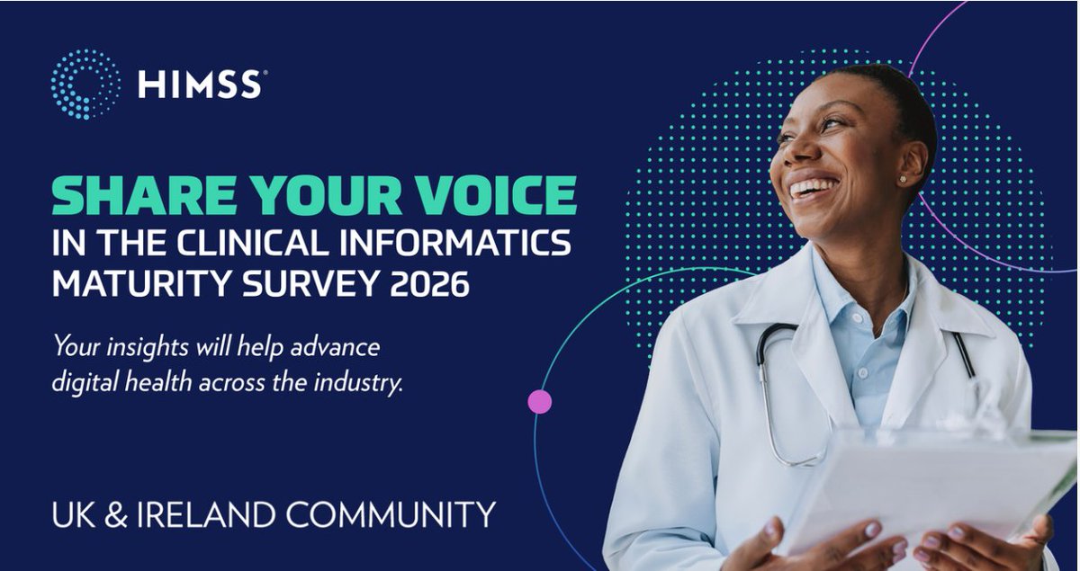 HIMSS's tweet photo. How mature is clinical informatics across the UK &amp; Ireland?

The HIMSS survey aims to uncover key trends, challenges and opportunities shaping the profession. Take part and help build the evidence for future investment and workforce development.

https://t.co/Q9TUJgGMqg https://t.co/IQuhI1qgXO