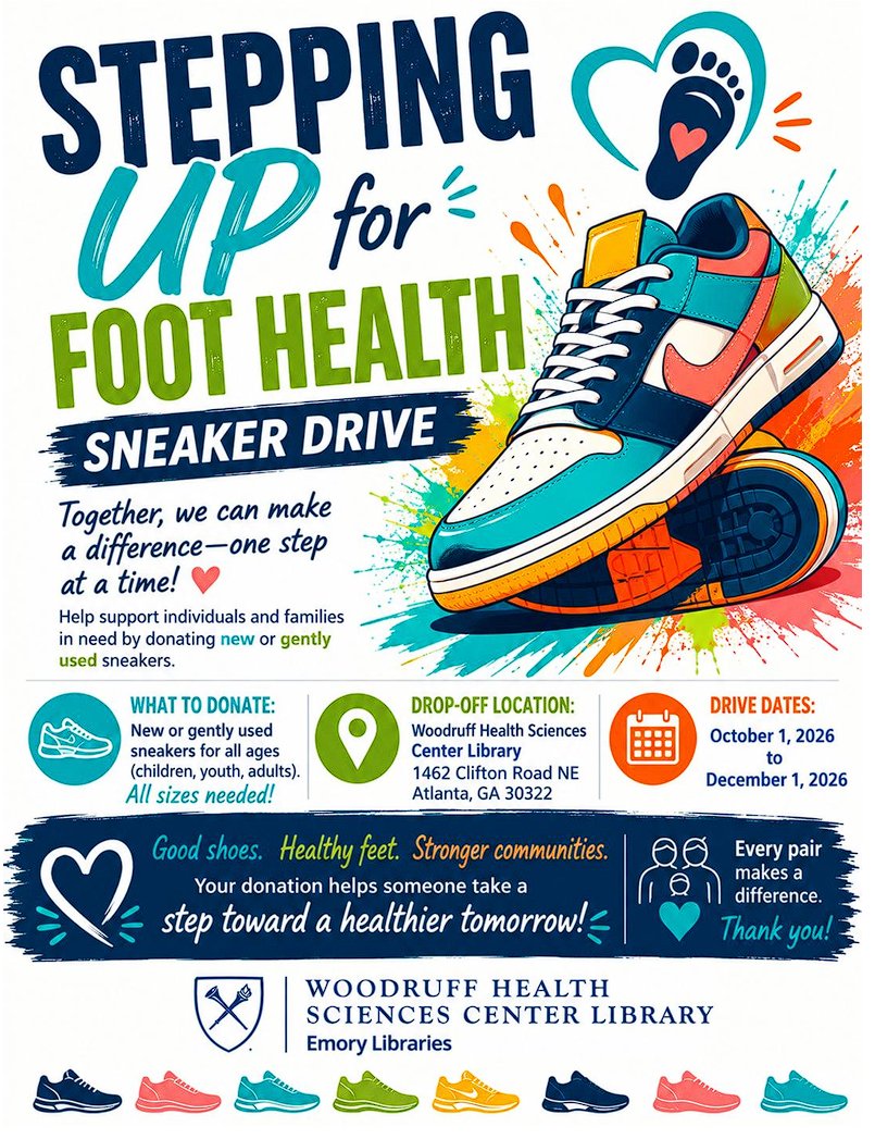 EmoryHealthLibr's tweet photo. We're having a sneaker drive!  10/1-12/1!
@emorycollege @EmoryUniversity @EmoryMedicine @EmoryNursing @EmoryRollins @emoryhealthsci @EmoryLibraries https://t.co/NnpH7hYe0r