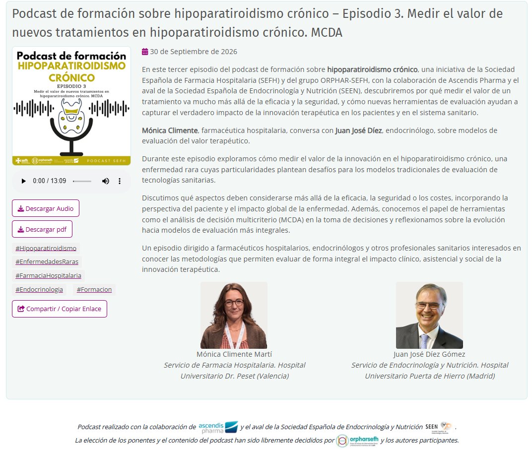 sefh_'s tweet photo. 🆕 🎙️ Ya disponible el Podcast de formación sobre Hipoparatiroidismo Crónico, iniciativa de la @sefh_ y @GrupoOrpharSEFH con la colaboración de @AscendisPharma y el aval de la @sociedadSEEN 

Diagnóstico, tratamiento, evaluación del valor de nuevas terapias y modelos asistenciales, incluido el papel de la Farmacia Hospitalaria

🔐 Cuatro conversaciones entre endocrinología y FH que ya están disponibles exclusivamente para socios/as SEFH en nuestra web https://t.co/YkyHHYAS3l