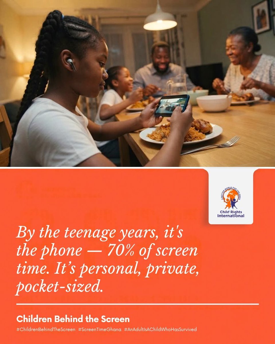 crighana's tweet photo. For ages 11–17, mobile phones dominate at 70% of screen time.

Personal, private, and pocket-sized: the device that goes everywhere a child goes now goes everywhere unsupervised too. 📱⚠️

#ChildrenBehindTheScreen #crighana #ScreenTime #children #fyp https://t.co/d1WrTgPdQN
