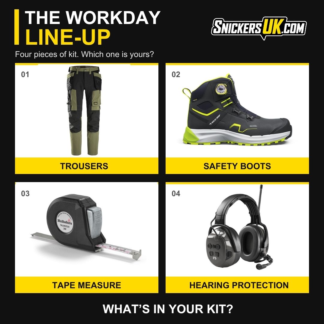 SnickersUKcom's tweet photo. The workday line-up: Snickers Trousers, Solid Gear Safety Boots, a Hultafors Tape Measure and Hellberg Hearing Protection.

What’s the one item you never start work without? 👇

#Workwear #TradeTools #Essentials https://t.co/WWcfCFcDj8