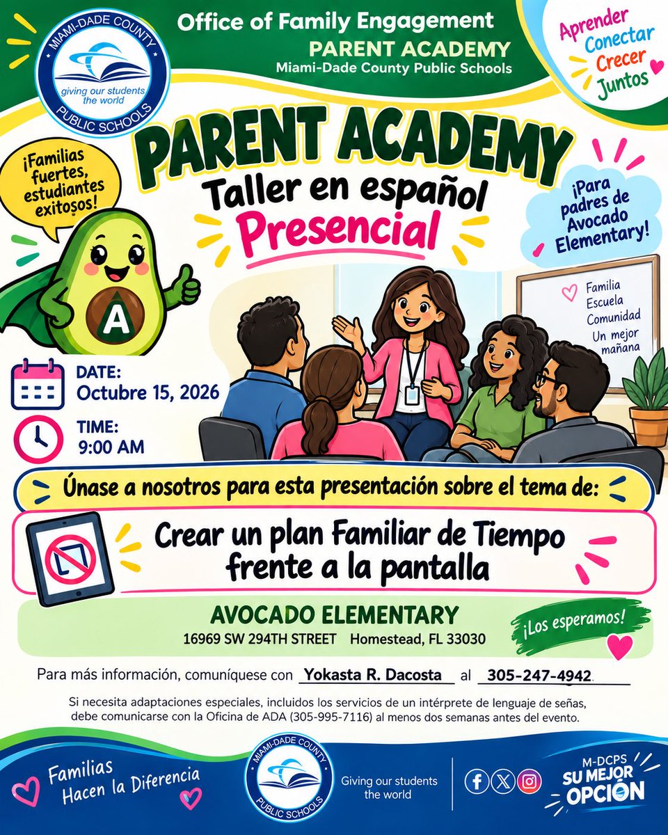 AvocadoAces's tweet photo. Hola Aces! We’ll be hosting a Parent Academy Watch Event in Spanish for our Spanish speaking parents on October 15th at 9am in our Media Center. See flyer for details. #AvocadoAces #ParentAcademy @MDCPS @MDCPSSouth @MDCPSCommunity https://t.co/AnMUe9TXch