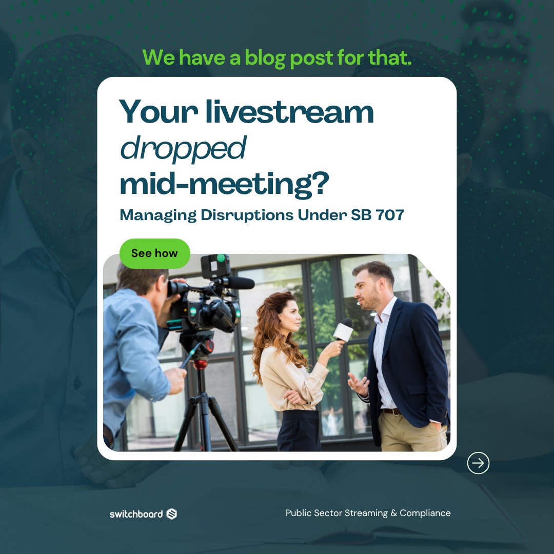 switchboardlive's tweet photo. 🥇 WE HAVE A BLOG POST FOR THAT. 
Because livestreaming comes with questions.

We have a blog post for that
->Public-sector livestreaming comes with a lot of questions.
->How do you prepare for a broadcast interruption?
->What does SB 707 mean for language access?
->Are your captions meeting accessibility requirements?
->And what can you do to make sure your broadcast is there when your community needs it?
We've been digging into those questions on the Switchboard Live blog
Swipe through >>>>>>>>>>>>>

#LocalGovernment #Accessibility #GovTech #SB707