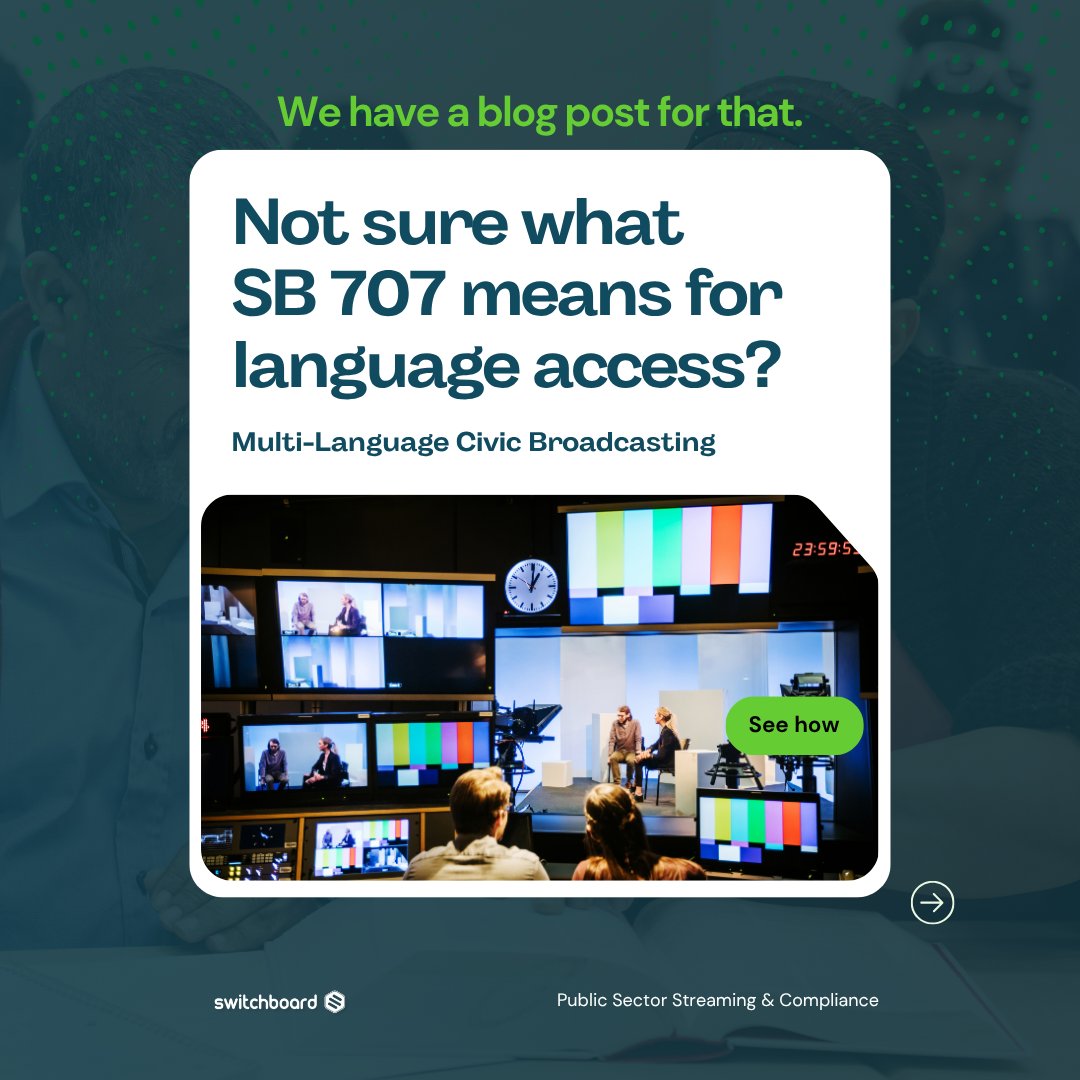 switchboardlive's tweet photo. 🥇 WE HAVE A BLOG POST FOR THAT. 
Because livestreaming comes with questions.

We have a blog post for that
->Public-sector livestreaming comes with a lot of questions.
->How do you prepare for a broadcast interruption?
->What does SB 707 mean for language access?
->Are your captions meeting accessibility requirements?
->And what can you do to make sure your broadcast is there when your community needs it?
We've been digging into those questions on the Switchboard Live blog
Swipe through >>>>>>>>>>>>>

#LocalGovernment #Accessibility #GovTech #SB707