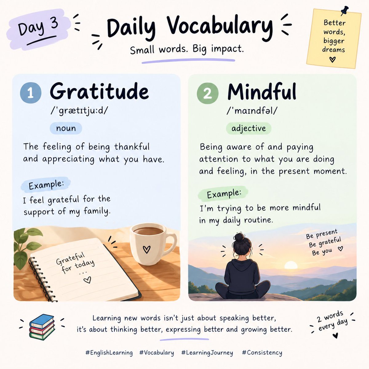 Teja1106's tweet photo. Day 3 — 2 new words 📚

1.Gratitude — the feeling of being thankful and appreciating what you have.

2.Mindful — being aware of what you are doing and feeling in the present moment.

Learning 2 words every day and trying to use them in real life. ✨
#EnglishLearning #Vocabulary https://t.co/N62aAdkOSs