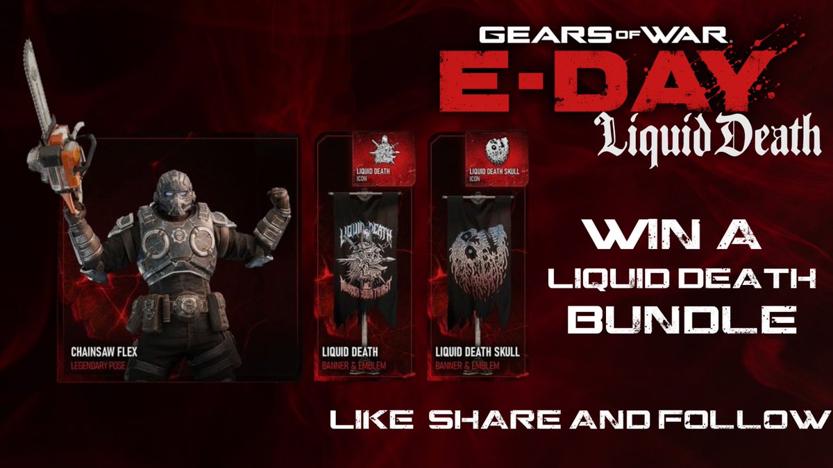 ChloeSauras's tweet photo. ⚙️GEARS OF WAR x LIQUID DEATH GIVEAWAY⚙️

Like 💙
Retweet 🔄
Follow ✅️
Comment either Steam or Xbox! 

2 winners will be picked, one for a Steam code and one for an xbox code! https://t.co/rwsStG8XbK