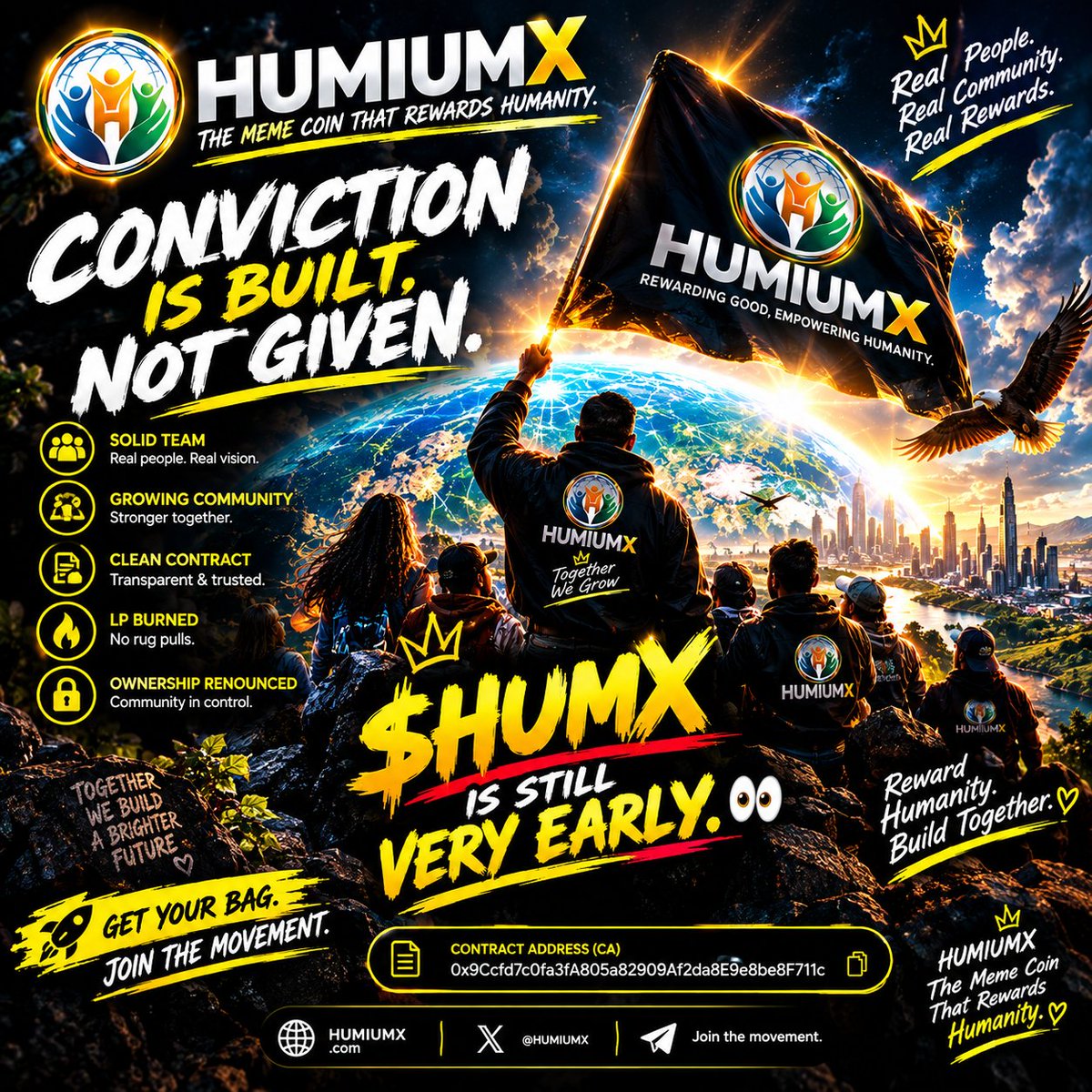 HumiumX's tweet photo. GM @Boygenius_David   🫡🌍

When are you bringing your Community to $HUMX?

The Meme Coin That Rewards Humanity. ❤️

Come join a community built around humanity, rewards and participation.

📜 CA: 0x9Ccfd7c0fa3fA805a82909Af2da8E9e8be8F711c

📲 Telegram: https://t.co/eO1PXrA8Ld
💬 WhatsApp: https://t.co/AcG6x88CCF

$HUMX is ready. Are you? 🔥