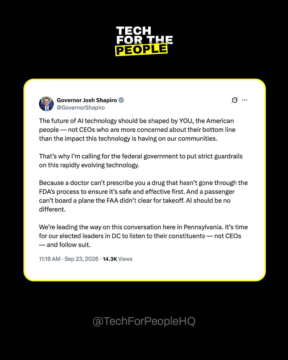 TechForPeopleHQ's tweet photo. ICMYI: @governorshapiro called on the federal government to take action to hold AI companies accountable for the harms they cause. https://t.co/Em3Jhi7P6r