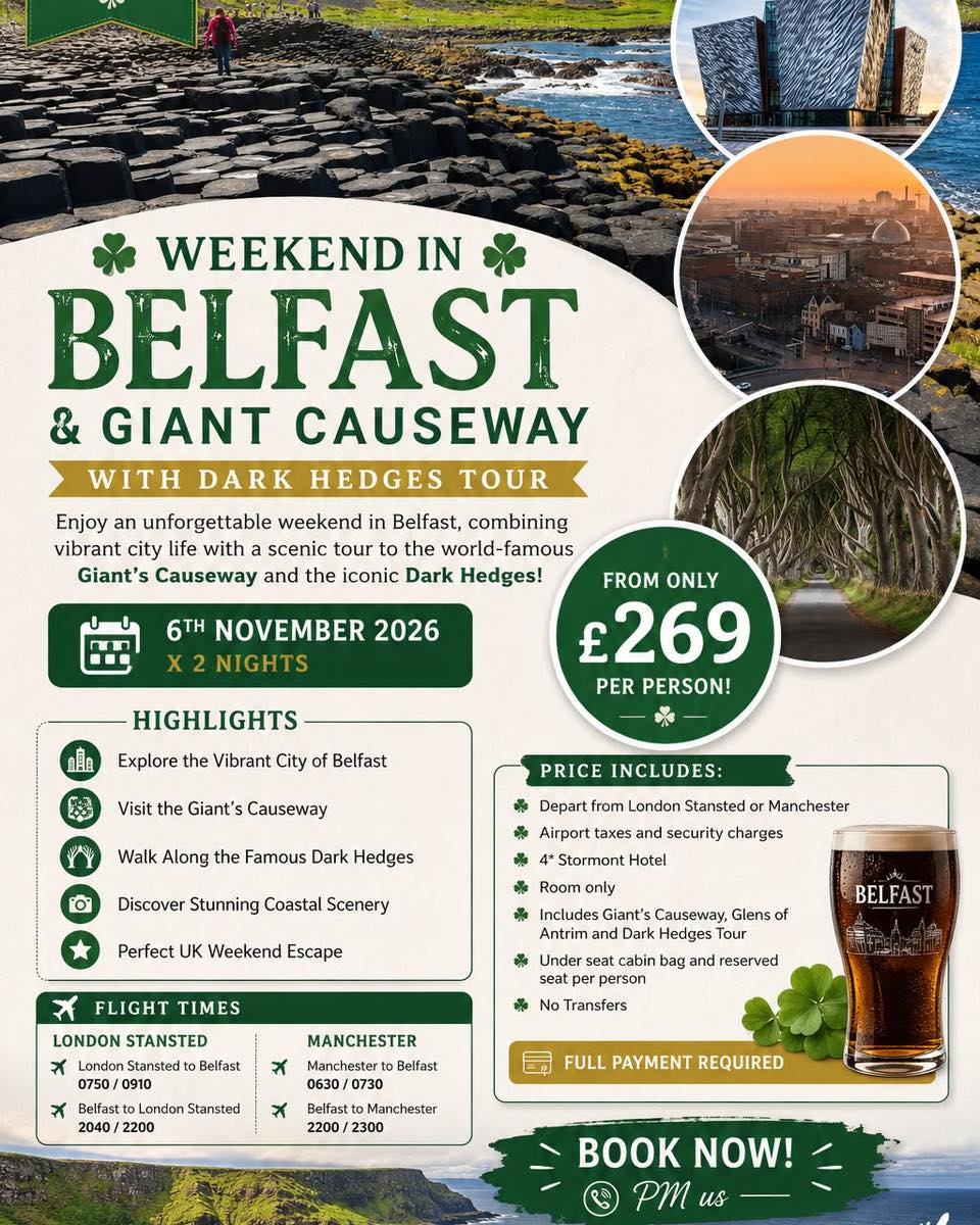 jesus1320's tweet photo. ☘ WEEKEND IN BELFAST &amp; GIANT CAUSEWAY WITH DARK HEDGES TOUR ☘
Enjoy an unforgettable weekend in Belfast, combining vibrant city life with a scenic tour to the world-famous Giant's Causeway and the iconic Dark Hedges! ✈️ 6th November 2026 x 2 https://t.co/K6pH03QpAw