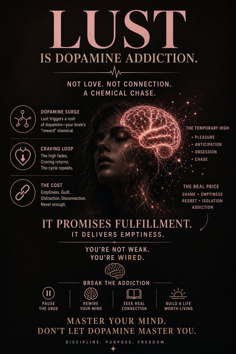 swordotx's tweet photo. There is a particular kind of modern exhaustion that doesn’t come from physical labor or late nights at a desk. It comes from the relentless, quiet hum of the reward pathway. If you look closely at contemporary culture, you will notice a growing convergence between ancient philosophical warnings about desire and modern neurobiology.
We live in an era that treats the pursuit of desire less as a mysterious emotional failing and more as a predictable mechanical loop. We recognize the cadence of it immediately: a trigger fires, releasing a rush of the brain's primary reward chemical. For a brief window, there is anticipation, obsession, and the thrill of the chase. But the high inevitably fades, leaving behind a craving that demands to be fed all over again.
What makes this modern predicament so heavy is the ledger that follows. The cost rarely looks like dramatic ruin; instead, it settles in as a quiet emptiness, a persistent distraction, a sense of disconnection, and the lingering suspicion that no matter how much you chase, it is never quite enough.
Yet, when people try to make sense of this cycle today, the narrative has shifted away from old-school moralizing. The prevailing cultural sentiment offers a different kind of perspective: you are not necessarily weak; you are simply wired. We are biological creatures navigating environments engineered to hijack ancient machinery, where everything from digital interfaces to daily routines operates on variable reward schedules designed to keep us reaching for the next temporary high.
Stepping off that treadmill requires a deliberate pivot. It asks us to recognize the machinery for what it is, to pause when the urge spikes, and to actively recalibrate toward things that sustain rather than deplete. The ultimate challenge of this modern condition isn't about eliminating desire altogether, but learning how to master the mind before the chemical chase masters you.
