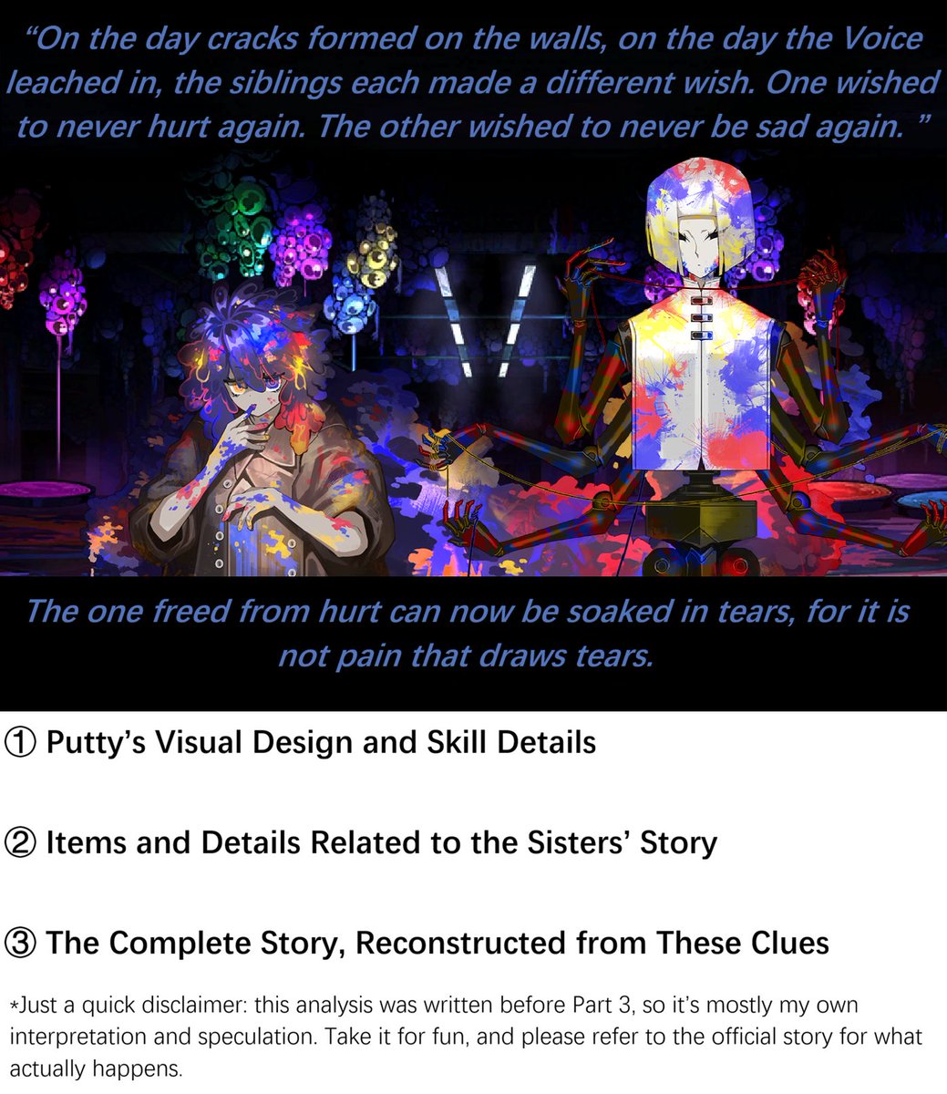 aolinyijiang's tweet photo. [Compilation/Analysis] The Story of the Dye Sisters

As usual, I put this together simply because I like them. Their story is a little hard to understand because the text is so cryptic and fragmented.

In short:Palette trying to help Putty, but almost caused her to fully Distort. https://t.co/t25zBvTtIT