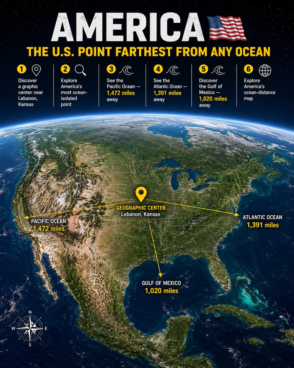 PhilipeCastro's tweet photo. 📍America’s most ocean-isolated point is hiding in Kansas! 🌎
Would you have guessed it? #USA #America #Geography #DidYouKnow #Kansas #USGeography #GeographyFacts #TravelFacts #FunFacts #MapFacts #ExploreUSA #InterestingFacts #TripOn #TripOnUS https://t.co/G1xofQ8vtn