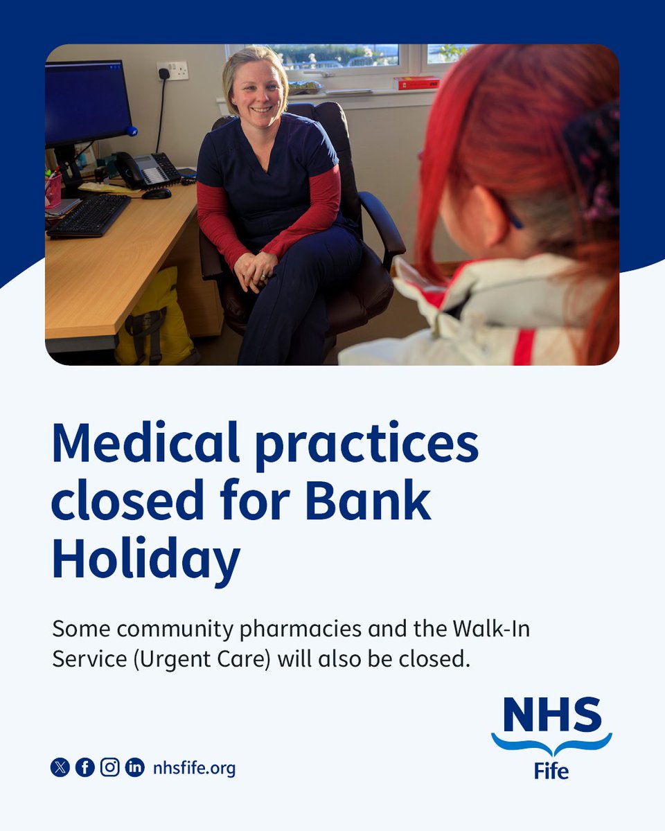 nhsfife's tweet photo. Many medical practices will be closed on Monday 5 October for the local Bank Holiday. 

Some community pharmacies and the Walk-In Service (Urgent Care) at Randolph Wemyss Memorial Hospital will also be closed.

💊 Check pharmacy opening times near you: https://t.co/lQxWrOR8Rj https://t.co/HSBiGS07bR