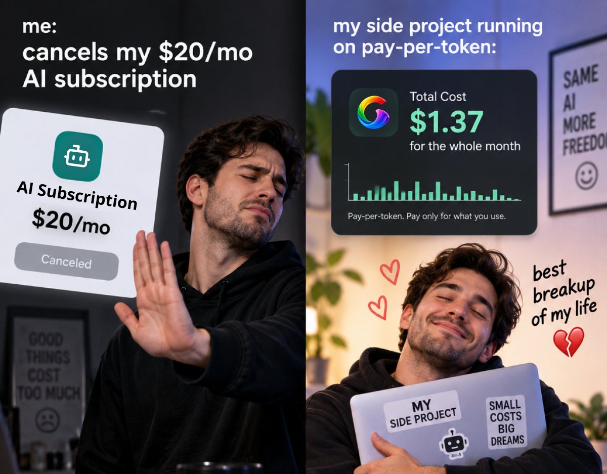 GuRouterAI's tweet photo. me: cancels my $20/mo AI subscription

my side project running on pay-per-token:
📉 $1.37 for the whole month on @GuRouterAI

best breakup of my life 💔 https://t.co/5YxiEQv2d4
