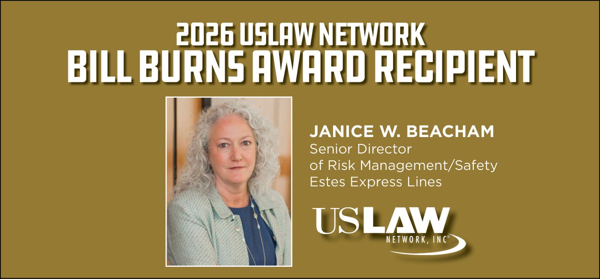 USLAWNETWORK's tweet photo. Congratulations Janice Beacham, senior director of risk management/safety at Estes Express Lines, the recipient of the 2026 USLAW NETWORK Bill Burns Award!

"Janice consistently brings intelligence, insight and an important client perspective to our programs and conversations, while her leadership extends across the broader transportation litigation industry, including her commitment to advancing women in the field. Janice's longstanding engagement, partnership and commitment to USLAW embody what this award is all about," said Jennifer Tricker, immediate past USLAW chair, from @BairdHolm in Nebraska.

Read more - https://t.co/jvZsUMyLd2
#USLAW25   #EraUS