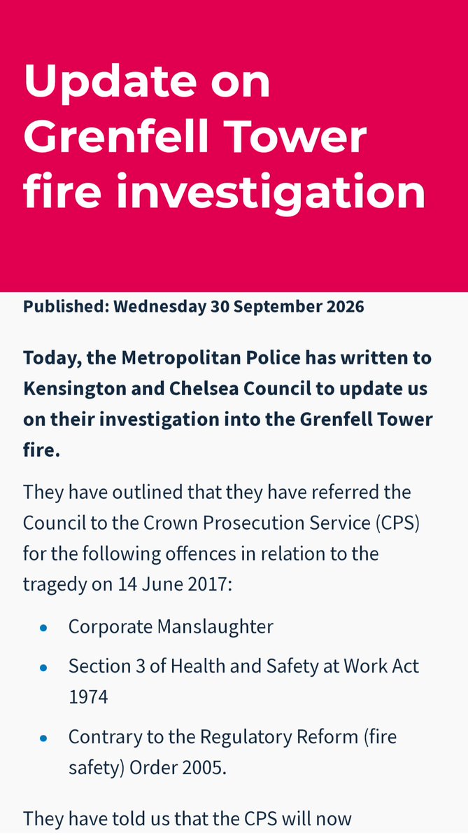 PeteApps's tweet photo. The Royal Borough of Kensington and Chelsea has been referred to the Crown Prosecution Service for offences relating to Grenfell including corporate manslaughter, it has confirmed https://t.co/MsUxmdOLI5
