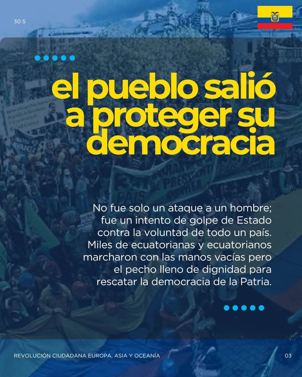 RC5Europa's tweet photo. El 30-S demostró que la Patria se defiende con valentía. Frente al golpismo y al odio, @MashiRafael dio la cara por el pueblo. 🇪🇨💙

​Hoy, en tiempos difíciles y sin ese liderazgo en Carondelet, nos damos cuenta de cuánta falta hace un Presidente de verdad. https://t.co/48sgT0Ib6F