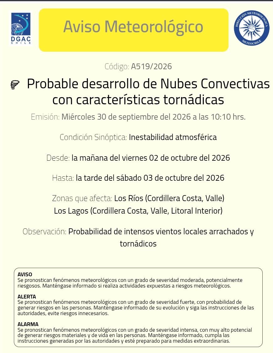 meteochile_dmc's tweet photo. ⚠️#AVISO  A519/2026
☁️🌪️#NubesConvectivas con características tornádicas

📍 En zonas de la región de #LosRíos y #LosLagos

🗓️ Desde la mañana del viernes 2 y hasta la tarde del sábado 3 de #octubre .

⚠️ Sigue las recomendaciones de las autoridades @Senapred y recuerda revisar el pronóstico y Alertas oficiales para 🇨🇱 en la APP #Meteochile y la web 🔗https://t.co/dJF2sVNIww
 #Chile