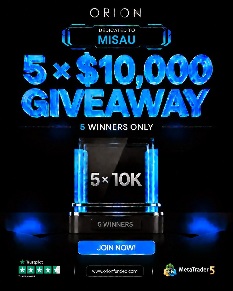 MisauFx's tweet photo. 🚨 GIVEAWAY ALERT 🚨

5x $10K Giveaway with @Orionfundedcom 
Enjoy 50% OFF discount with code: MISAU50

🔹 Follow :@Orionfundedcom @OrionAffiliates @MisauFx 
🔹 Like &amp; Repost this post
🔹 Tag 3 Friends
🔹 Sign up: https://t.co/Cc0260HfBB?…

Winners in 5 days https://t.co/0Z0QPJnARP