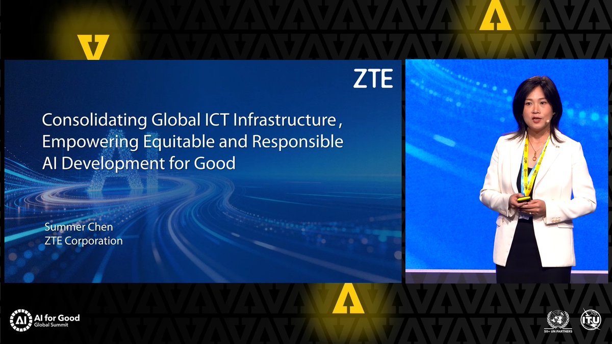 ZTEPress's tweet photo. Looking back at @AIforGood Global Summit 2026, we're pleased to share the full speech by Chen Zhiping (Summer), Chief International Ecosystem Representative of #ZTE, on building global digital infrastructure for equitable and responsible #AI development. 🎥 Full video below 🔽