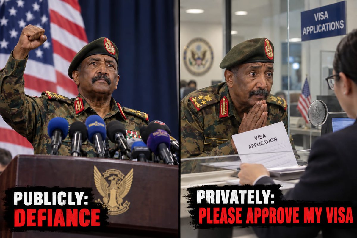 SalmaForSudan's tweet photo. Al-Burhan’s diplomacy, in meme form:

🎤 Publicly: “We won’t bow to Washington!”
🛂 Privately: “Would bowing help my visa application?”

The fist is for the cameras. The folded hands are for the consulate. 😂 https://t.co/CDBbMX2pQc