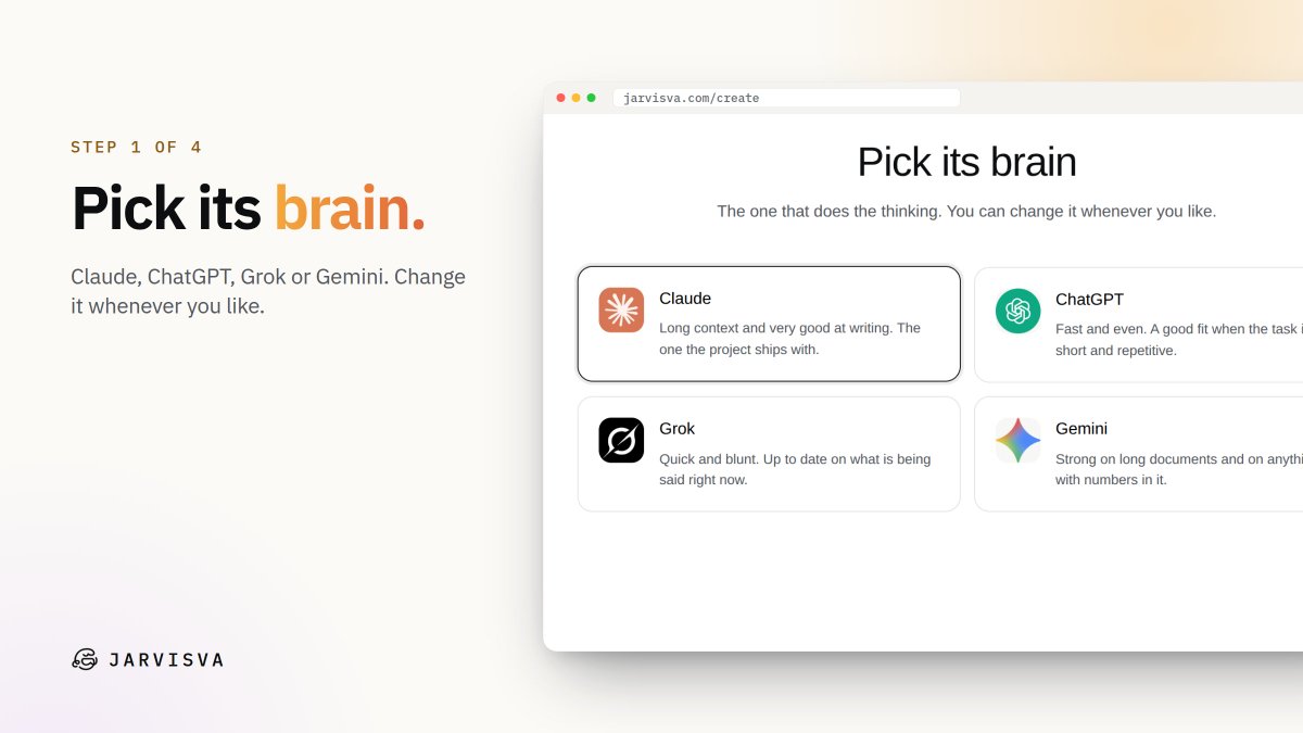 JarvisVArh's tweet photo. Claude, ChatGPT, Grok or Gemini.

Pick the brain that thinks for your assistant. Change it whenever you like.

https://t.co/ofghXKst4w https://t.co/08WZo8gC2s