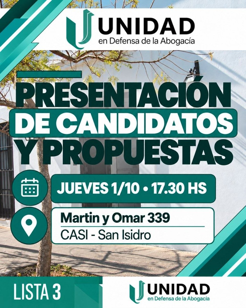 UnidadEnDefensa's tweet photo. Mañana presentamos en San Isidro a nuestros candidatos y candidatas a representar a la abogacía en el Consejo de la Magistratura.

Te esperamos para contarte los compromisos de UNIDAD EN DEFENSA DE LA ABOGACÍA para resolver los problemas del día a día del ejercicio profesional. https://t.co/6QZJI9VXUT