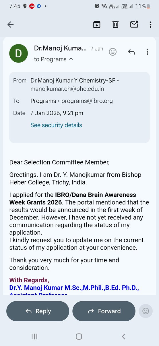 YRManojkumar's tweet photo. @IBROorg @dana_fdn Dear @IBROorg 
I sent to the same. Developing country like India this kind of brain awreness week is more important espcially in real area. I am ready to submit the this year. But before that I want to see the last year  reviewer report. Kindly do the needful. https://t.co/RA0837cAB2
