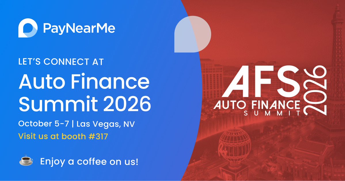 PayNearMe's tweet photo. Heading to Las Vegas for Auto Finance Summit? Stop by Booth #317 and say hi to the PayNearMe team! 👋

And yes, coffee’s on us. ☕

#autofinancesummit2026 #autolending #paymentexperiencemanagement https://t.co/yGfl9AhrbL