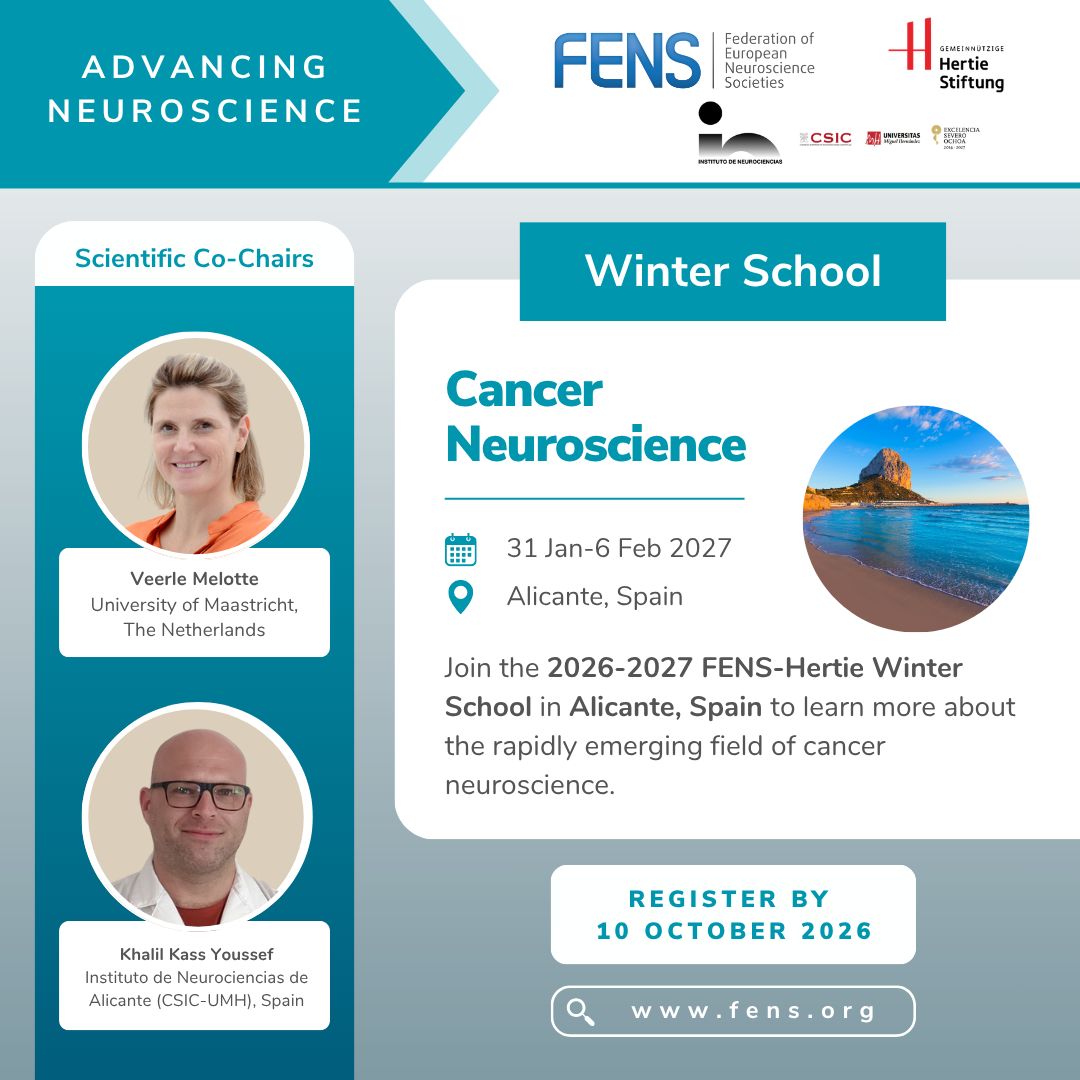 FENSorg's tweet photo. 📢 Registration is open for the FENS-Hertie Winter School 2026-2027 on Cancer Neuroscience!

📍 Alicante, Spain
🗓️ 31 January – 6 February 2027

👉 Learn more and register: https://t.co/uGfToRI0UH 

@NeuroAlc https://t.co/8r4GgKm82O