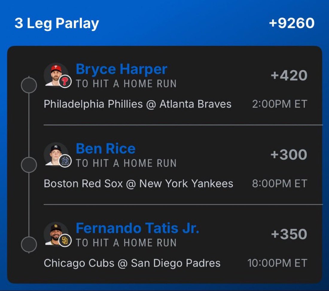 BetWithMaya_'s tweet photo. Swinging for the fences today 💣 Let’s get these 3 HRs cashed 🤑 Which leg hits first? 👇
#MLB #Gambling𝕏 #ParlayPlay https://t.co/uIZpXH0Pqo