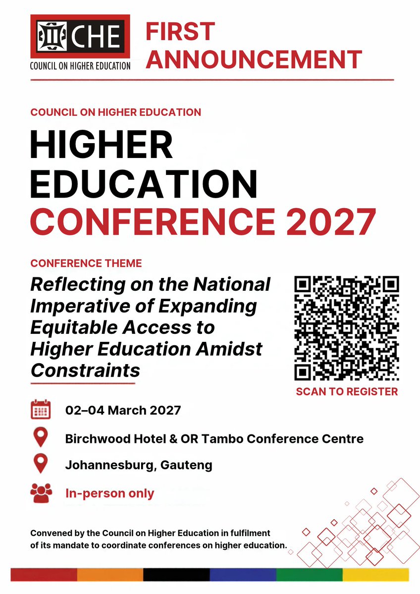 che_SouthAfrica's tweet photo. This in-person conference will explore the theme: "Reflecting on the National Imperative of Expanding Equitable Access to Higher Education Amidst Constraints." Link: https://t.co/WngtNergHm
#HigherEducationConference #FirstAnnouncement #CallForAbstracts #highereducation https://t.co/8t2EBs90Fx