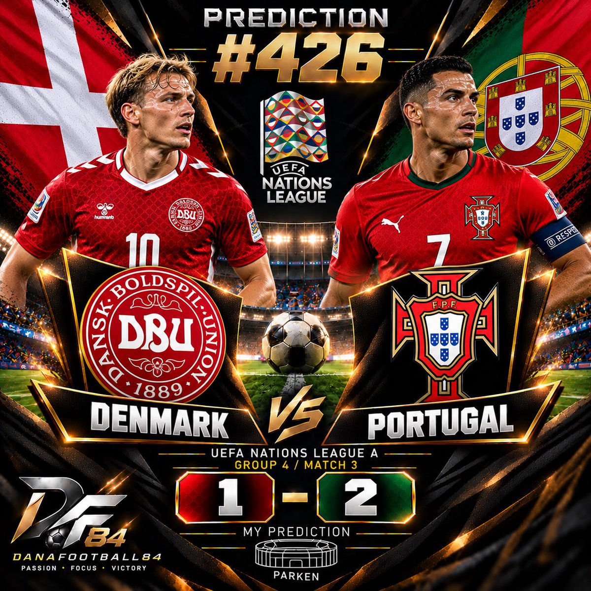 danafootball84's tweet photo. 🔥 PREDICTION #426 🇩🇰🆚🇵🇹

🎯 Denmark 1–2 Portugal
Portugal to take all 3 points in a tight one. 🇵🇹🔥

🏆 Nations League | MD3
@danafootball84 

#FootballPredictions #Portugal https://t.co/At3FEyiuWq